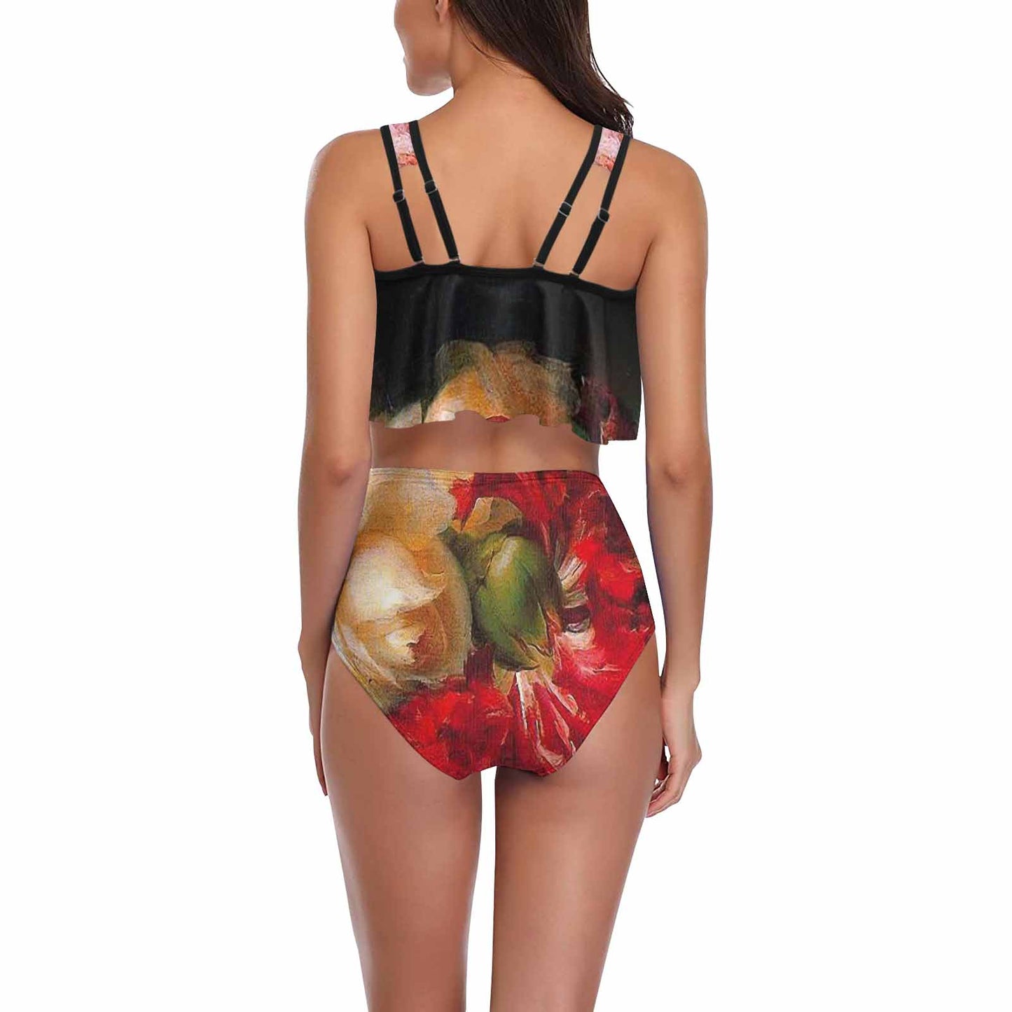 Vintage floral high waisted flounce top bikini, swim wear, Design 30