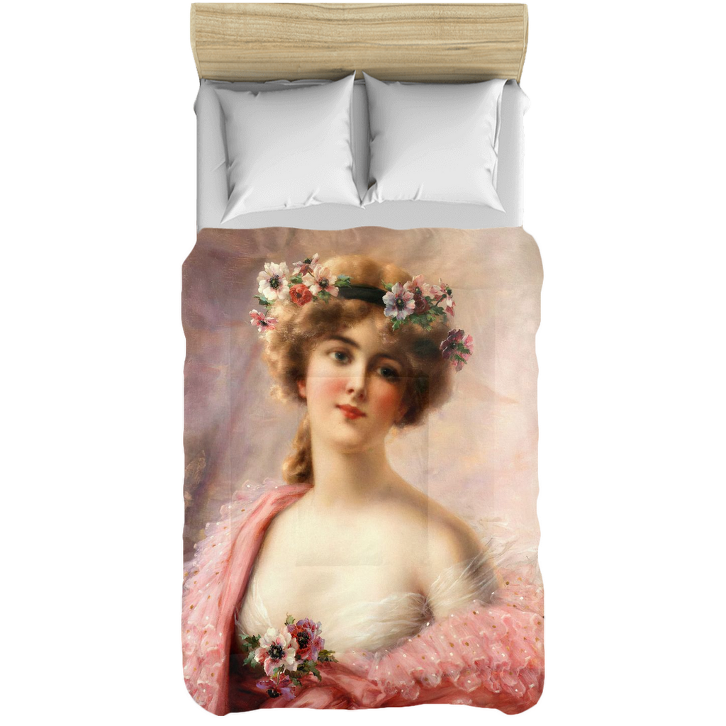 Victorian lady design comforter, twin, twin XL, queen or king, Young Girl with Anemones