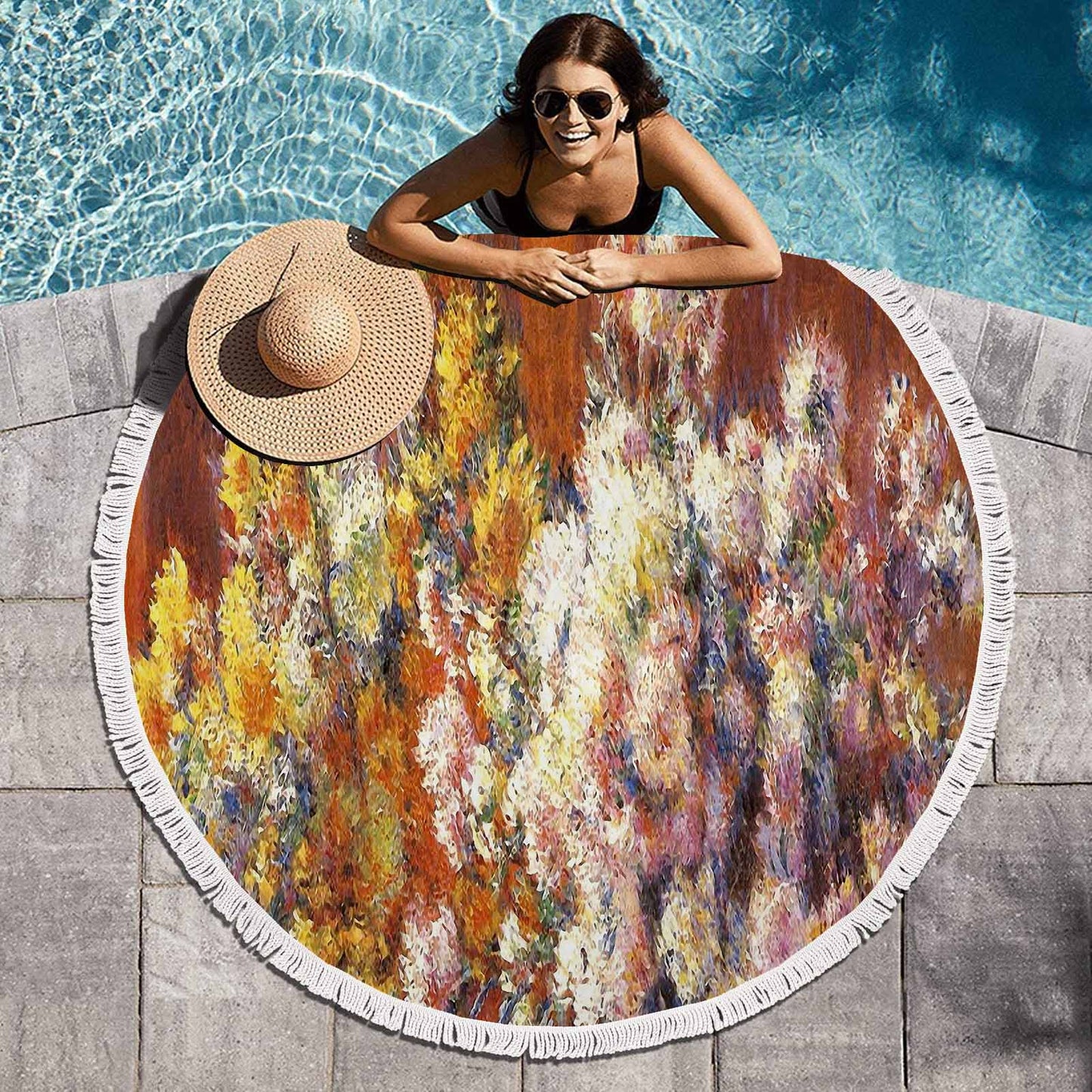 Vintage Floral circular plush beach towel, fringe edges, Design 57