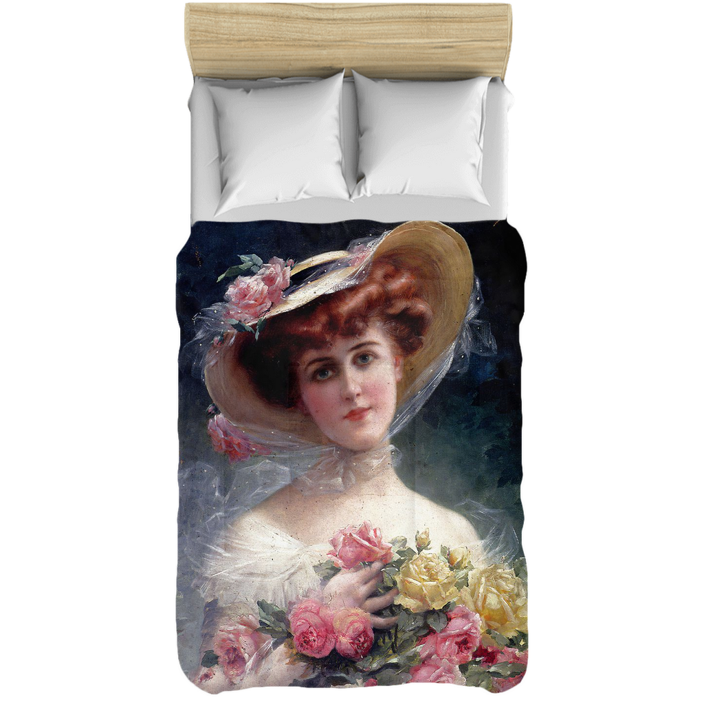 Victorian lady design comforter, twin, twin XL, queen or king, BEAUTY WITH FLOWERS