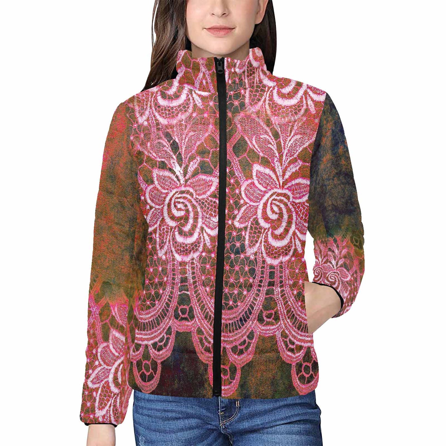 Victorian Lace print womens padded quilted jacket, design 32