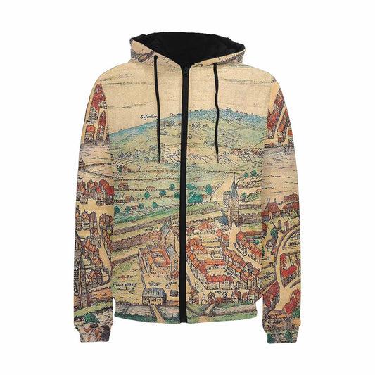 Antique Map design, mens lightweight, warm, quilted hooded bomber jacket, design, 24