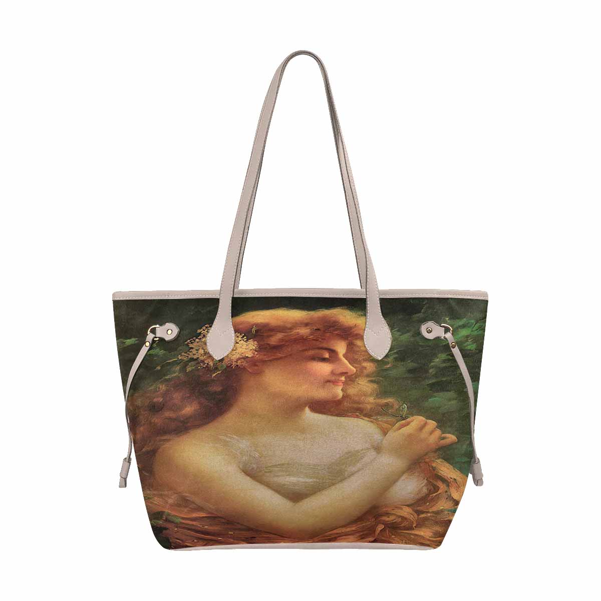 Victorian Lady Design Handbag, Model 1695361, Young Woman With A Dragonfly, BEIGE/TAN TRIM