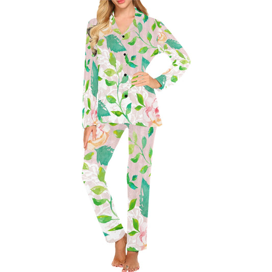 Victorian printed lace pajama set, design 21 Women's Long Pajama Set (Sets 02)