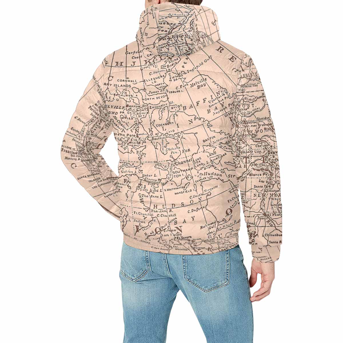 Antique Map design, mens lightweight, warm, quilted hooded bomber jacket, design, 53