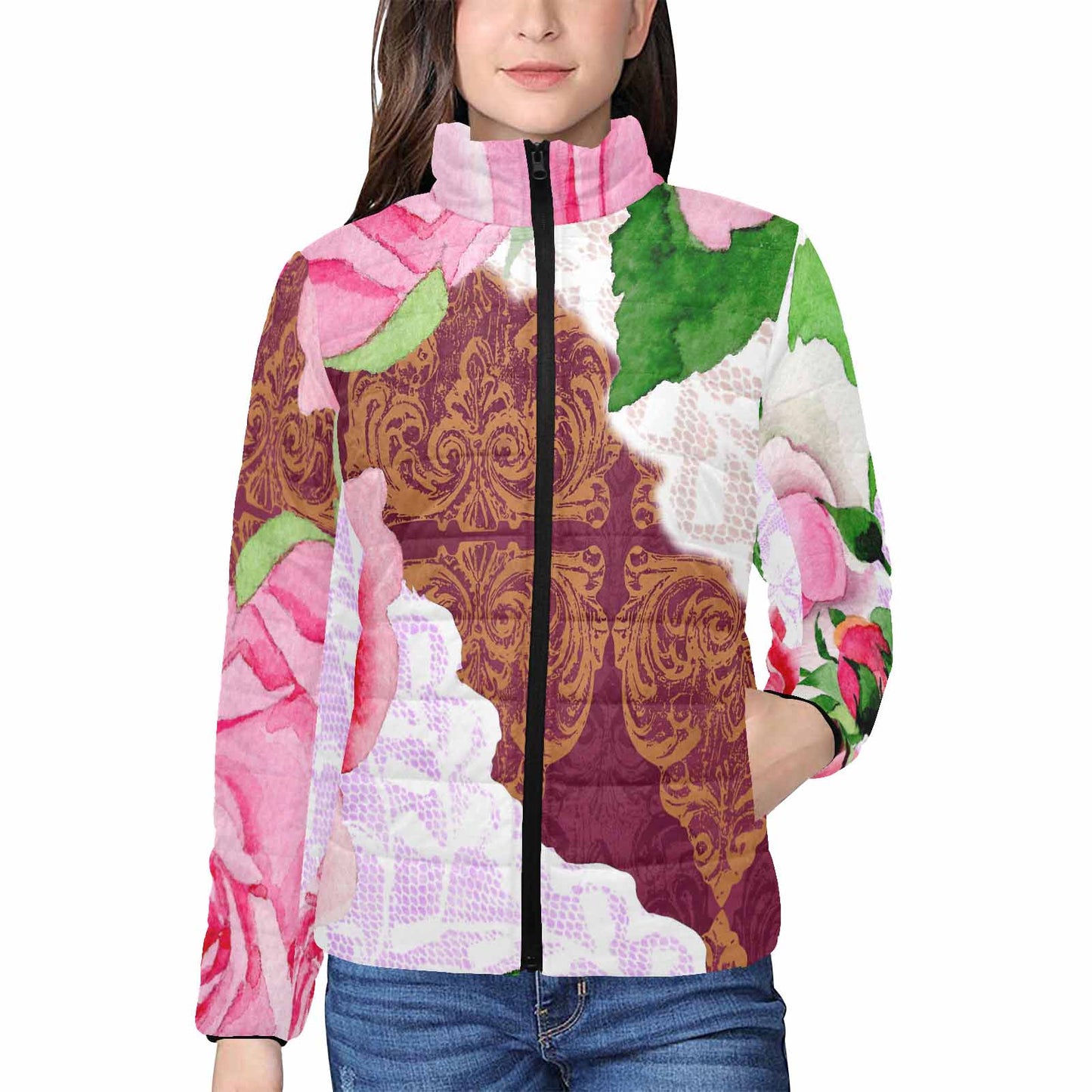 Victorian Lace print womens padded quilted jacket, design 19