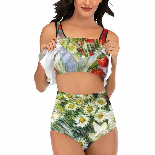 Vintage floral high waisted flounce top bikini, swim wear, Design 43