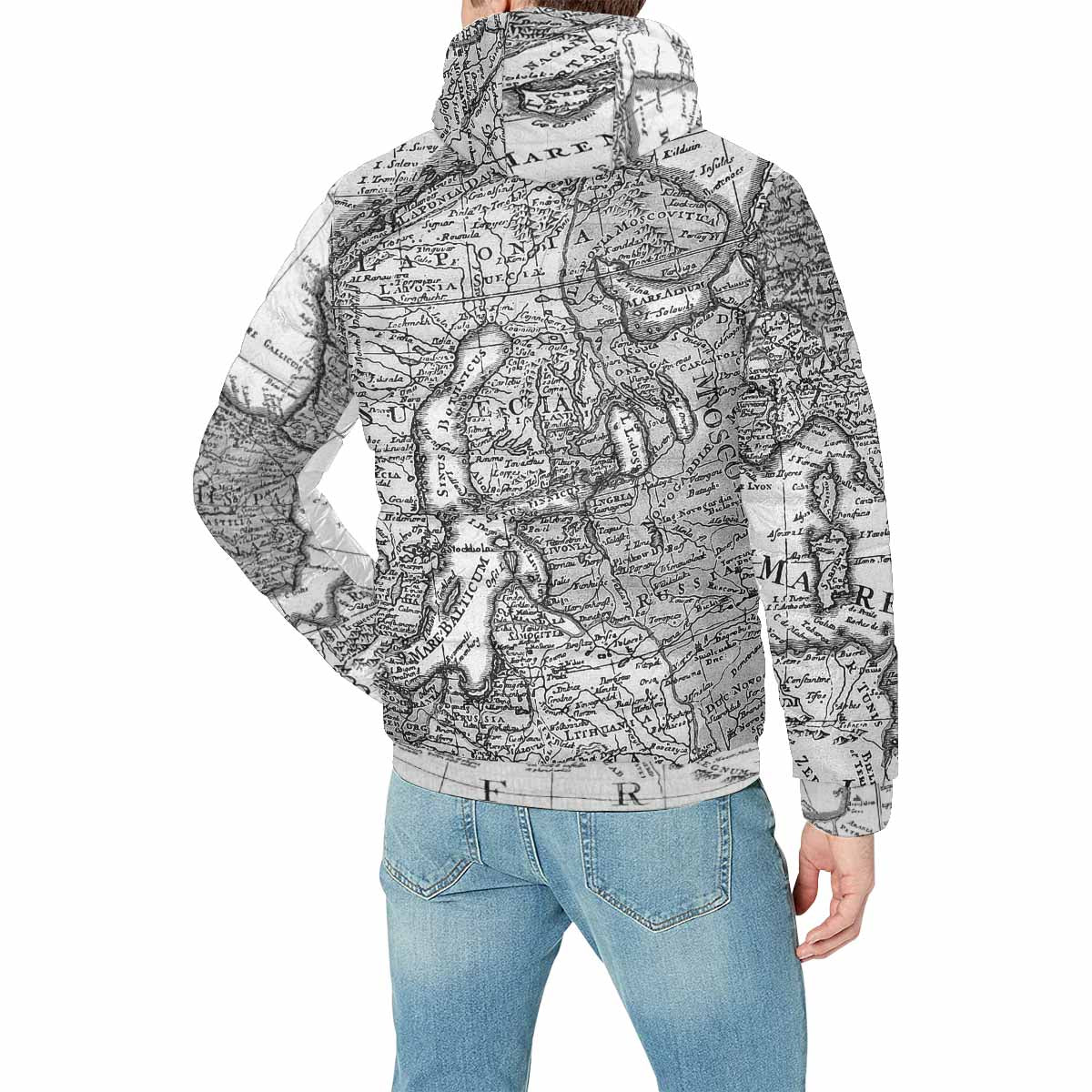 Antique Map design, mens lightweight, warm, quilted hooded bomber jacket, design, 41