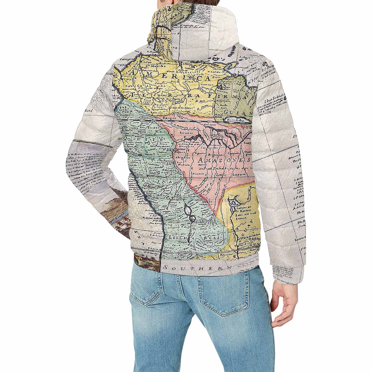 Antique Map design, mens lightweight, warm, quilted hooded bomber jacket, design, 40