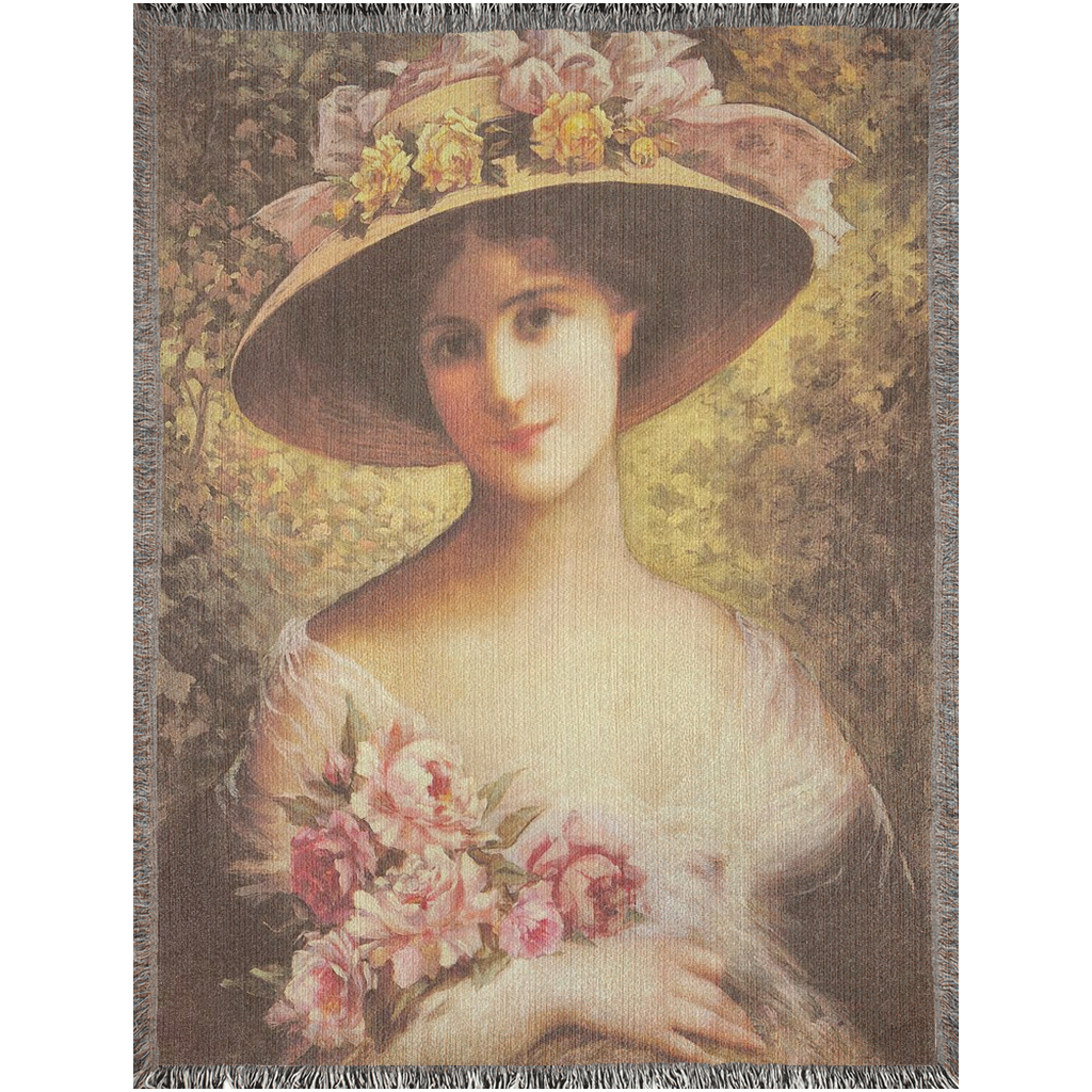 100% cotton Victorian Lady design design woven blanket, 50 x 60 or 60 x 80in, The Fancy Bonnet
