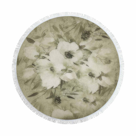 Vintage Floral circular plush beach towel, fringe edges, Design 03x