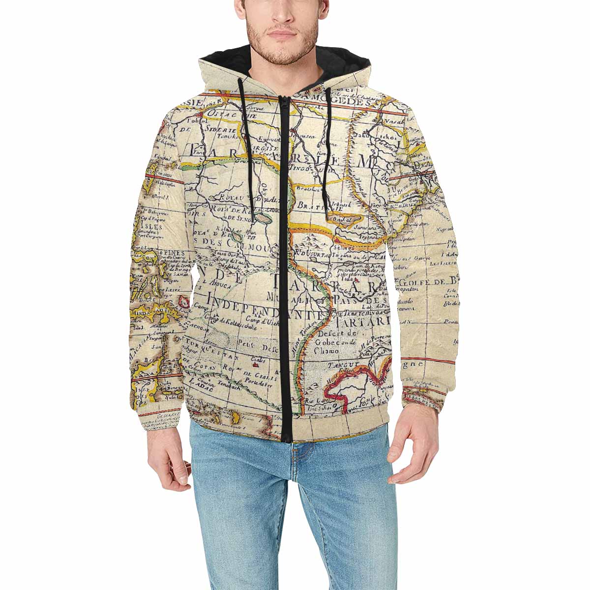 Antique Map design, mens lightweight, warm, quilted hooded bomber jacket, design, 10