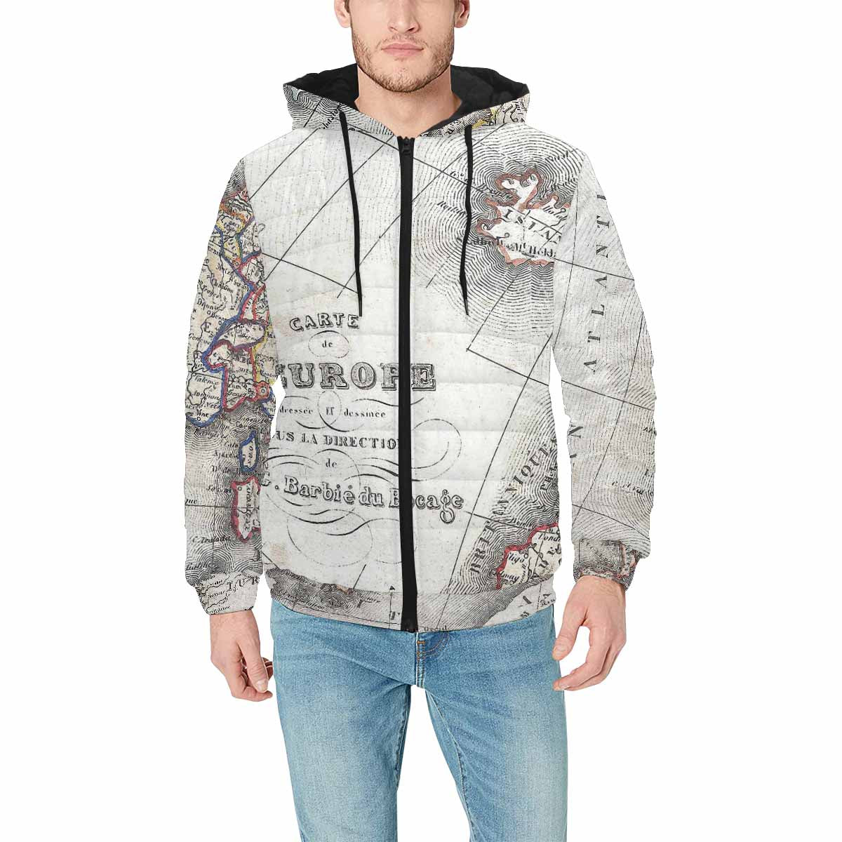 Antique Map design, mens lightweight, warm, quilted hooded bomber jacket, design, 36