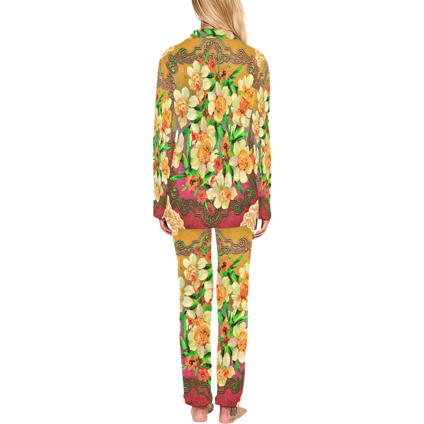 Victorian printed lace pajama set, design 48 Women's Long Pajama Set (Sets 02)