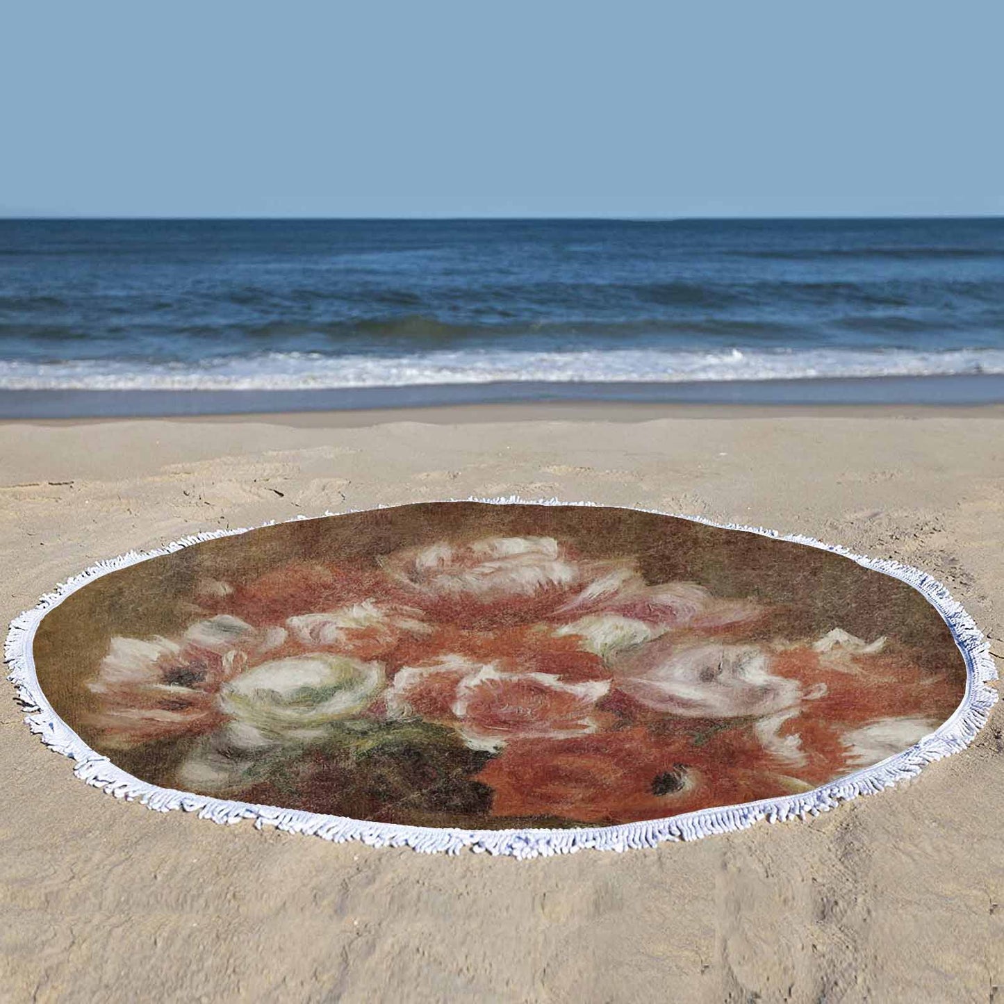 Vintage Floral circular plush beach towel, fringe edges, Design 15