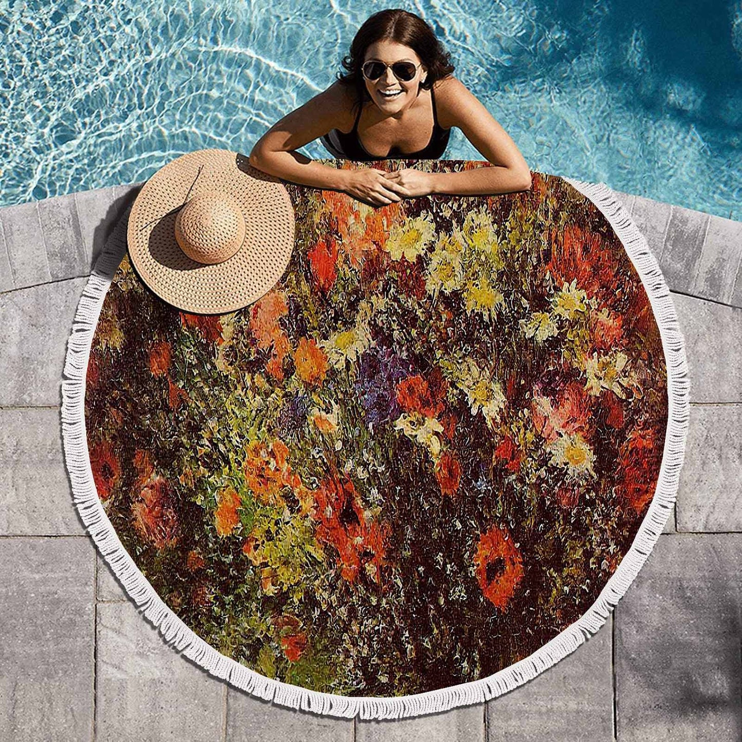 Vintage Floral circular plush beach towel, fringe edges, Design 24