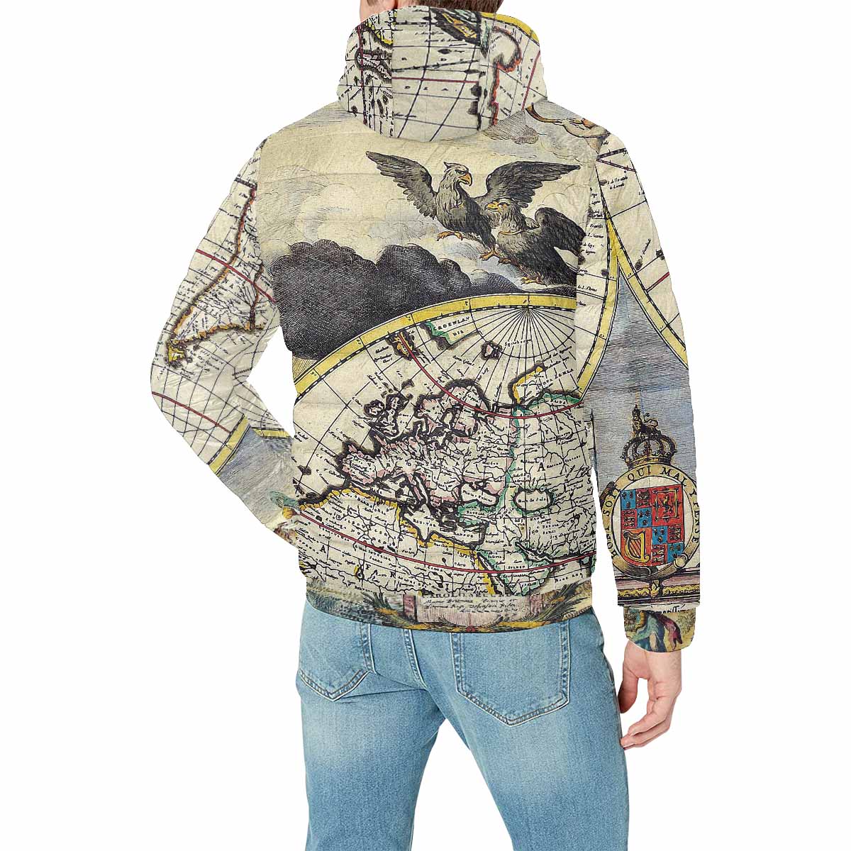 Antique Map design, mens lightweight, warm, quilted hooded bomber jacket, design, 19