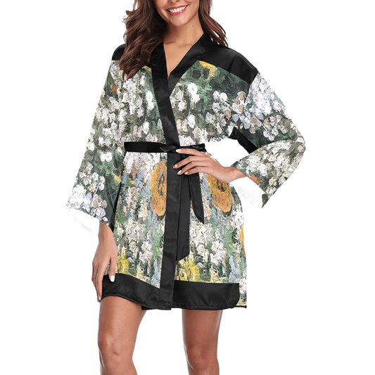 Vintage Floral Kimono Robe, Black or White Trim, Sizes XS to 2XL, Design 07
