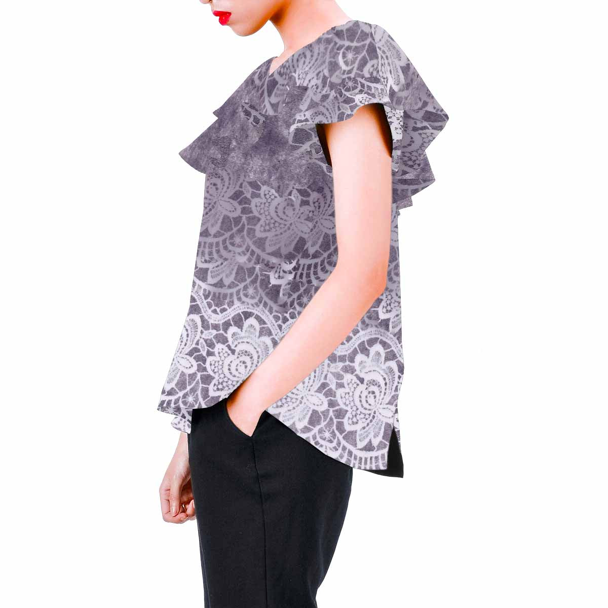 Victorian Lace print Chiffon Blouse, design 39