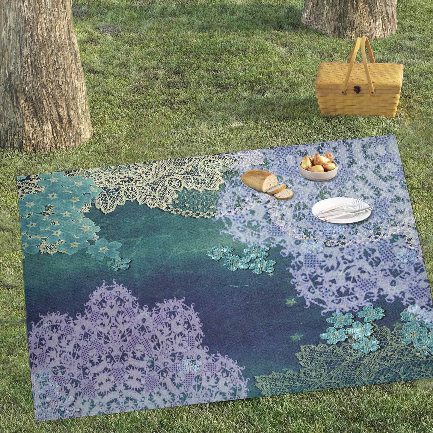 Victorian lace print waterproof picnic mat, 81 x 55in, design 05