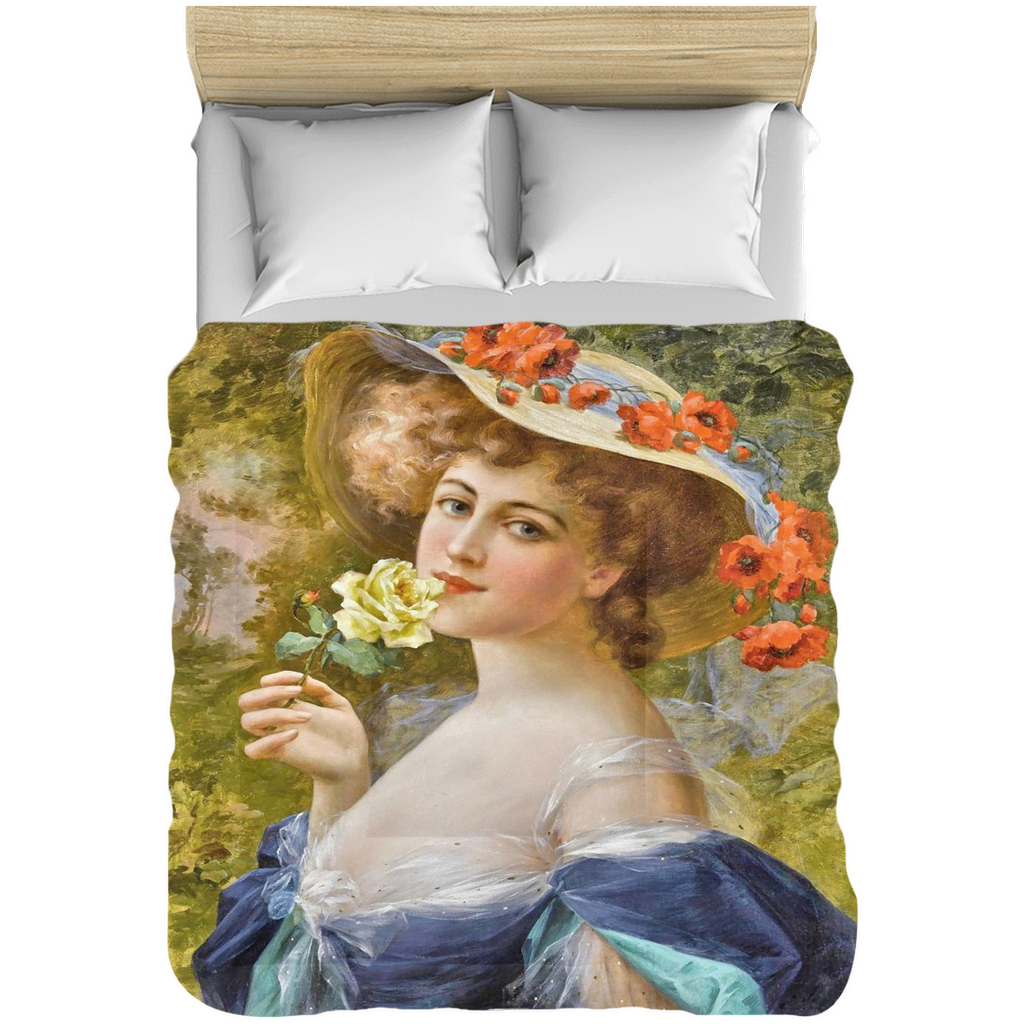 Victorian lady design comforter, twin, twin XL, queen or king, Woman with yellow rose at mouth
