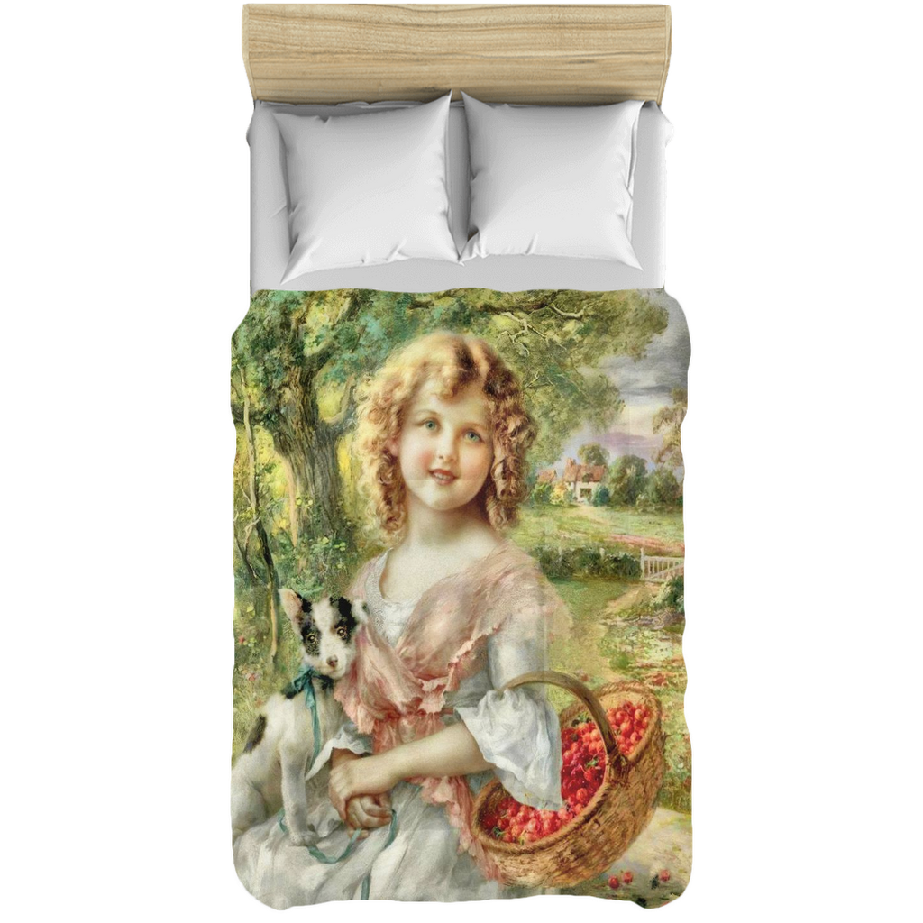 Victorian lady design comforter, twin, twin XL, queen or king, Girl with Cherry