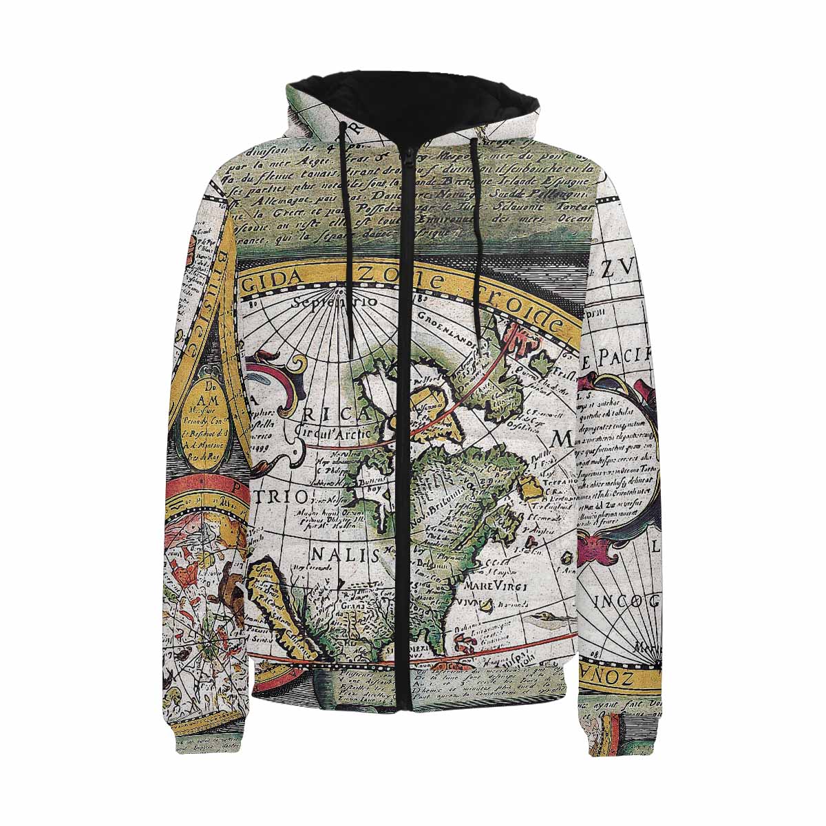 Antique Map design, mens lightweight, warm, quilted hooded bomber jacket, design, 31