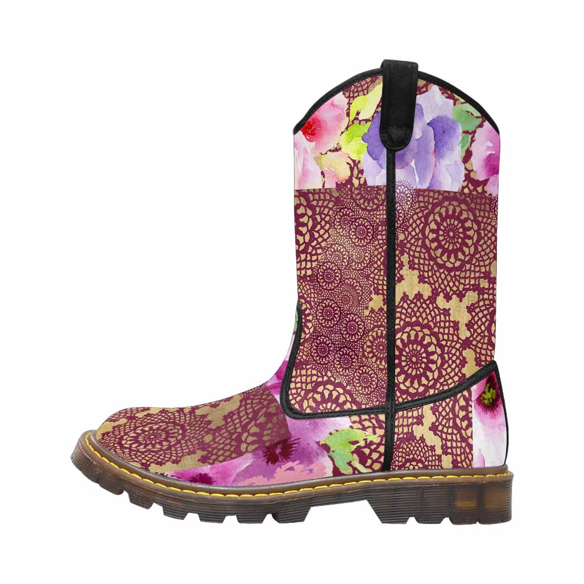 Victorian lace print, western lumber boots, design 13