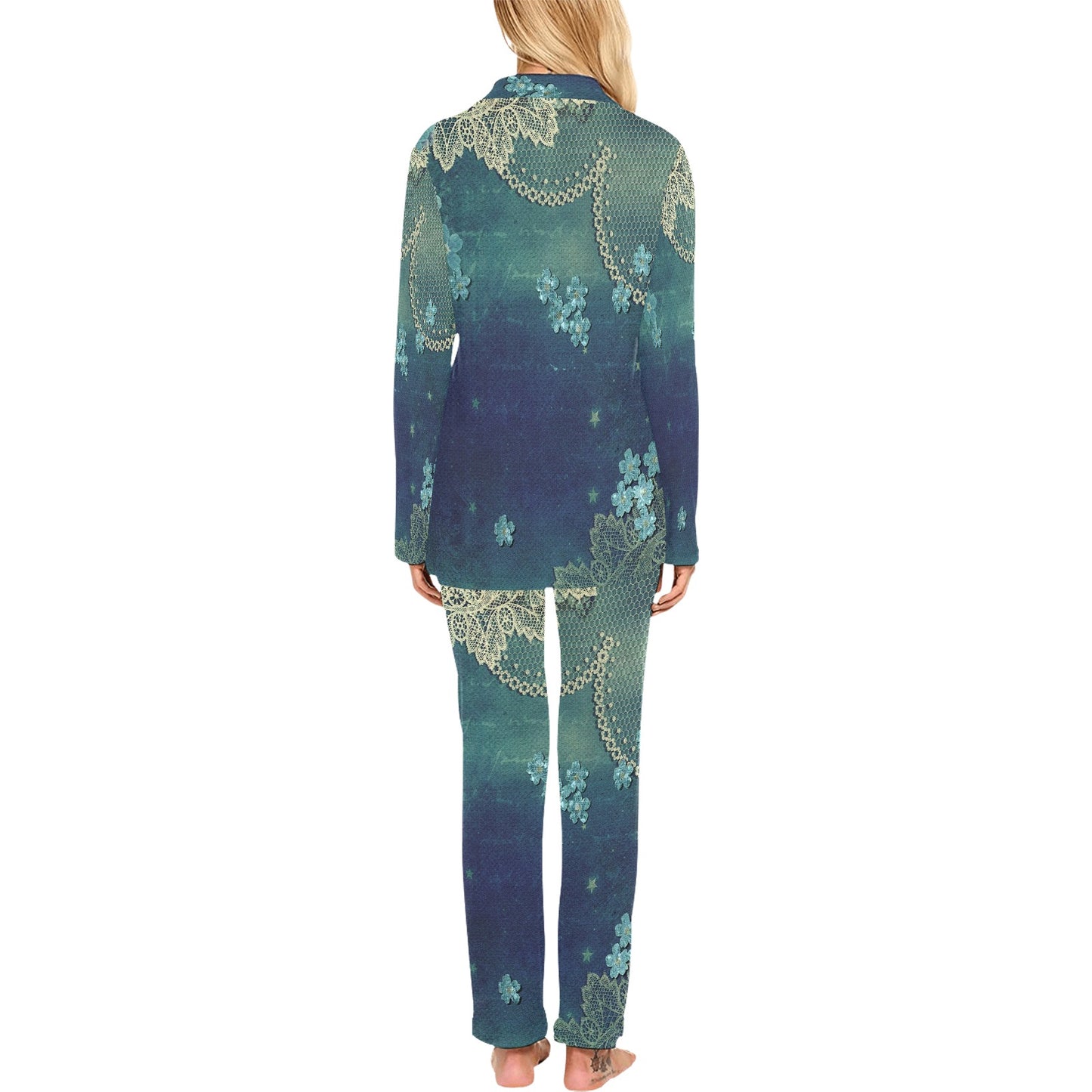 Victorian printed lace pajama set, design 04 Women's Long Pajama Set (Sets 02)