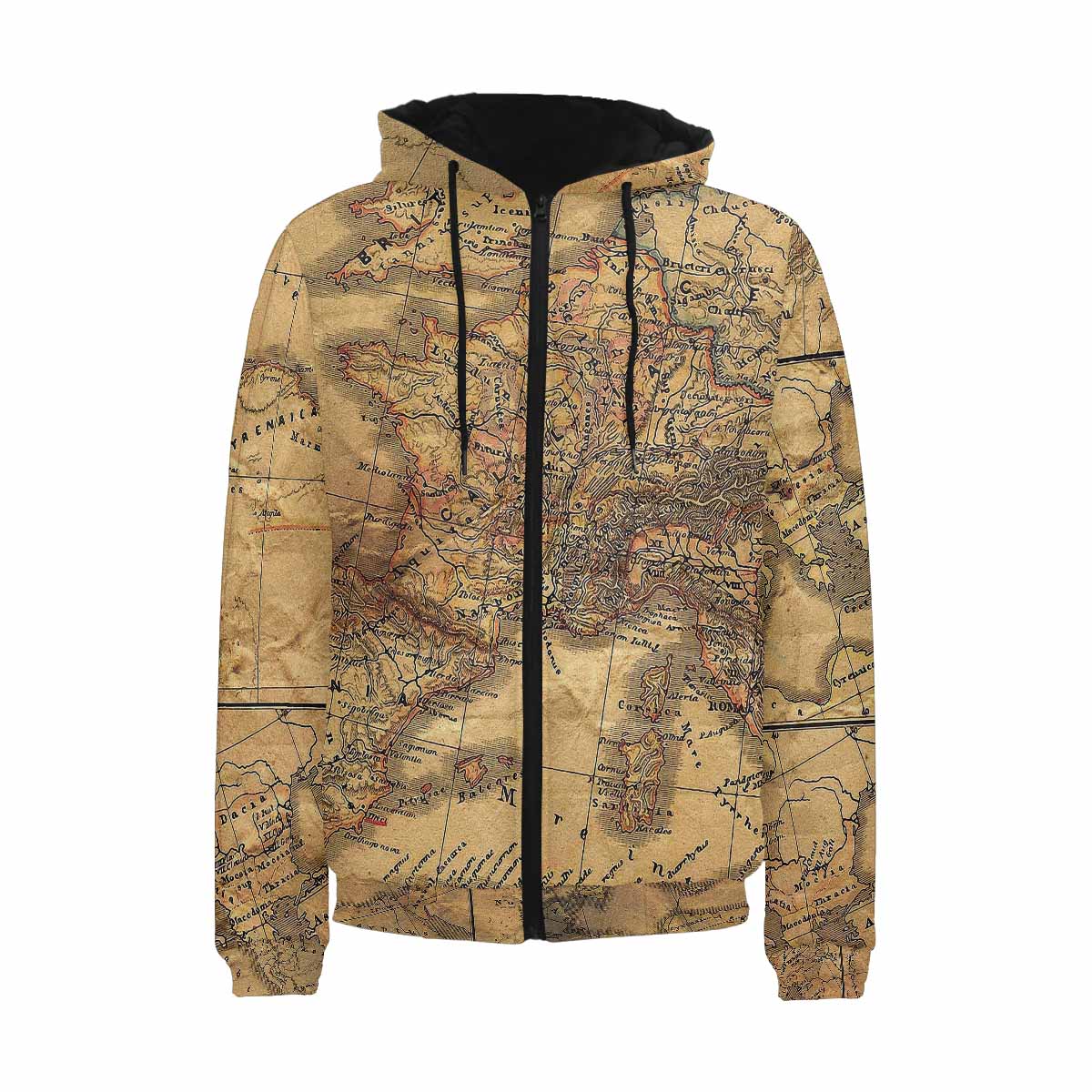 Antique Map design, mens lightweight, warm, quilted hooded bomber jacket, design, 21