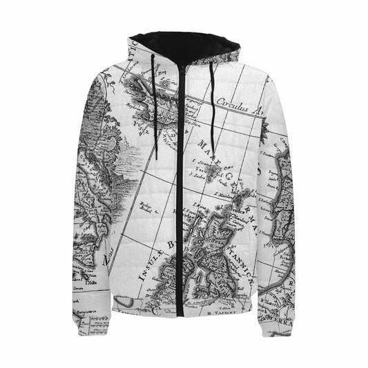 Antique Map design, mens lightweight, warm, quilted hooded bomber jacket, design, 41
