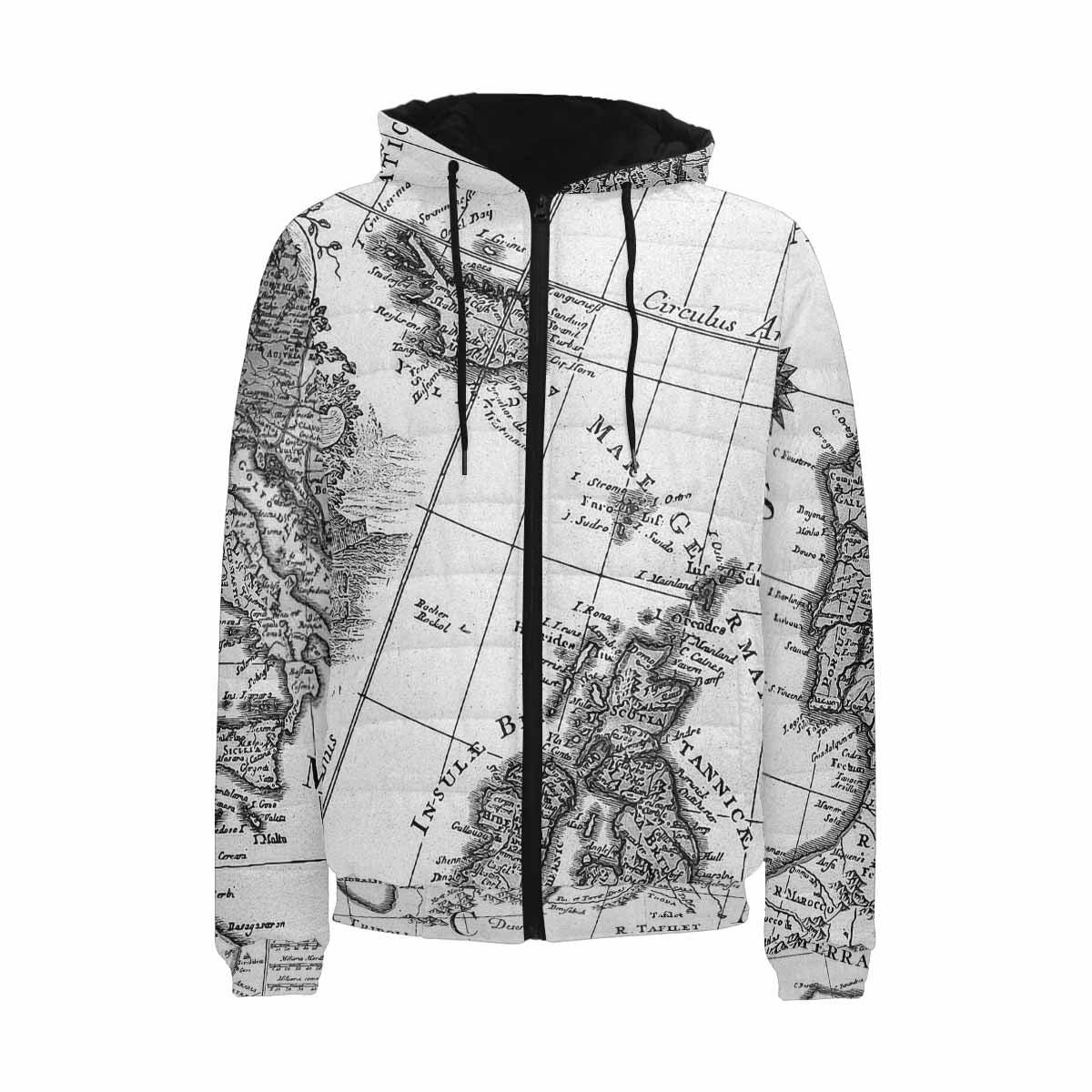 Antique Map design, mens lightweight, warm, quilted hooded bomber jacket, design, 41