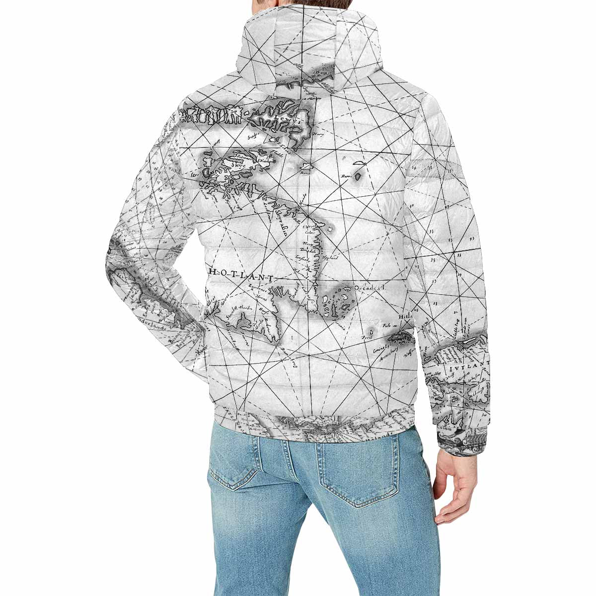 Antique Map design, mens lightweight, warm, quilted hooded bomber jacket, design, 5