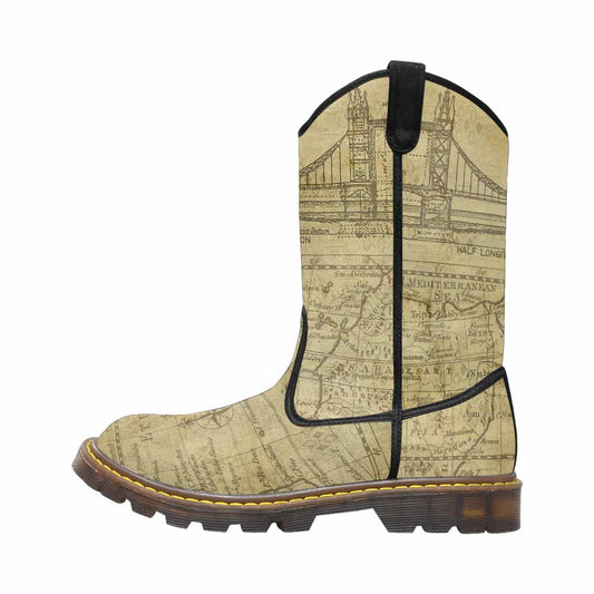 Antique Map design mens western lumber boots, Design 1