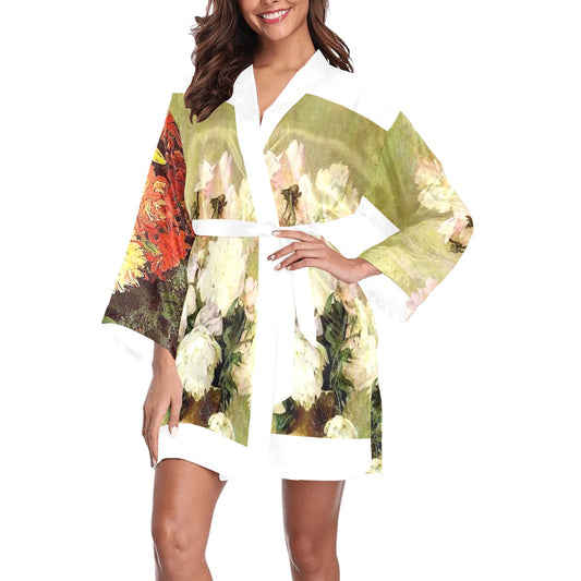 Vintage Floral Kimono Robe, Black or White Trim, Sizes XS to 2XL, Design 33