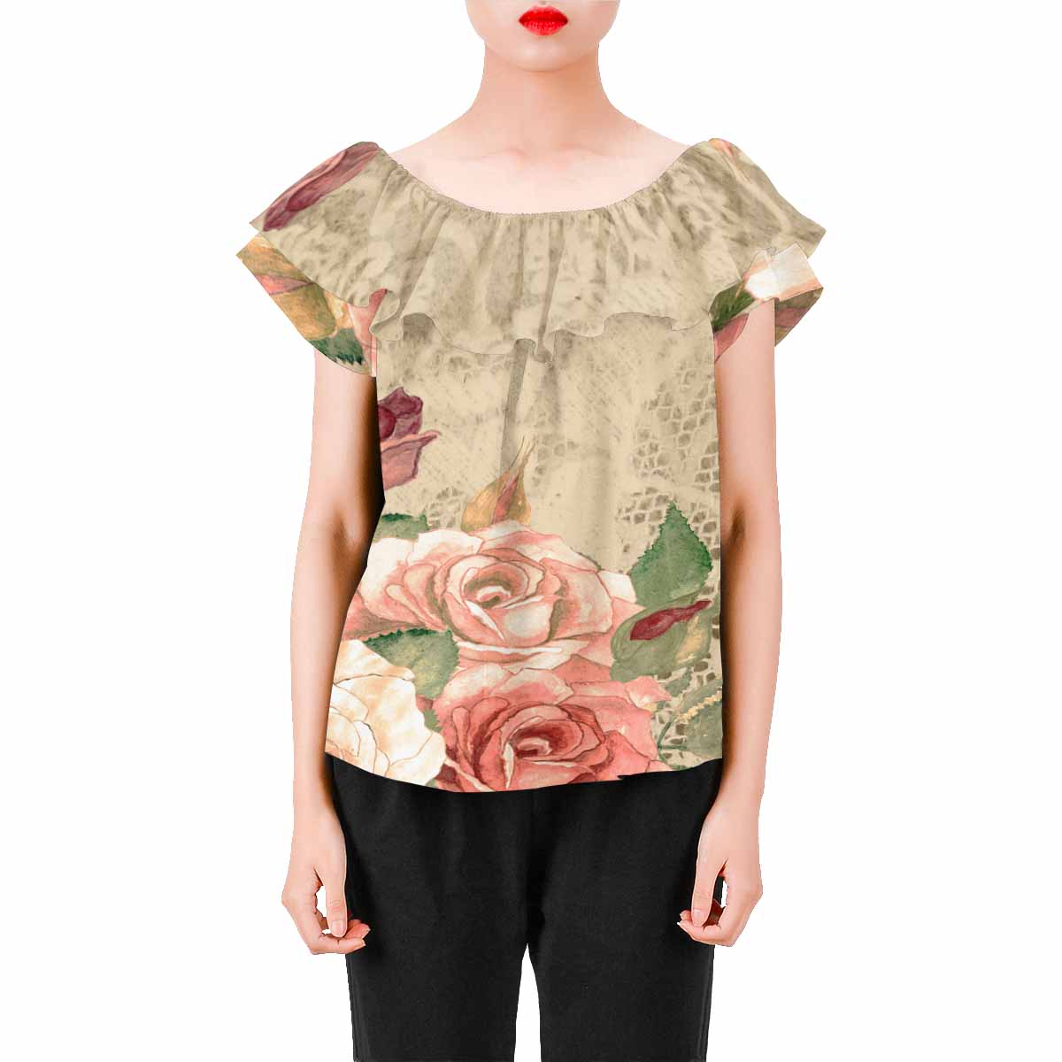 Victorian Lace print Chiffon Blouse, design 25