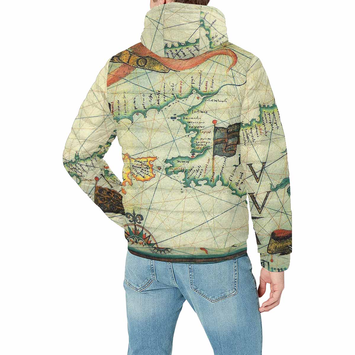 Antique Map design, mens lightweight, warm, quilted hooded bomber jacket, design, 33