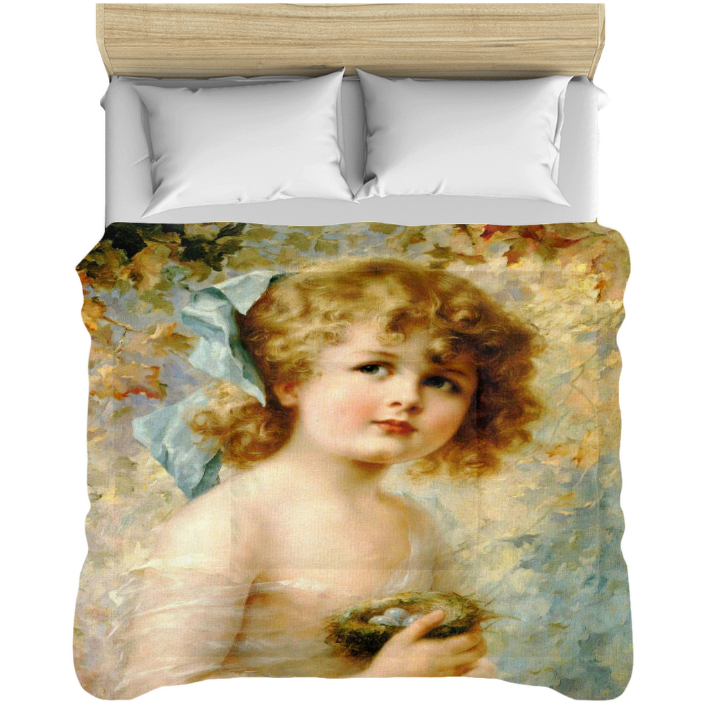Victorian lady design comforter, twin, twin XL, queen or king, Girl Holding a Nest