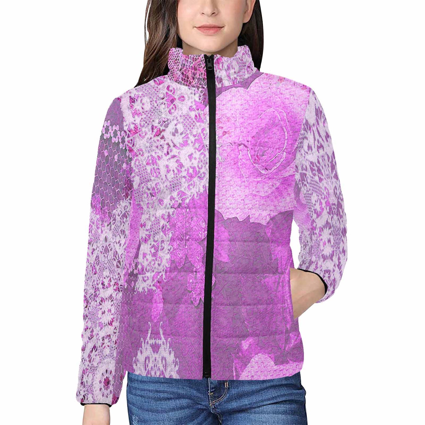 Victorian Lace print womens padded quilted jacket, design 03