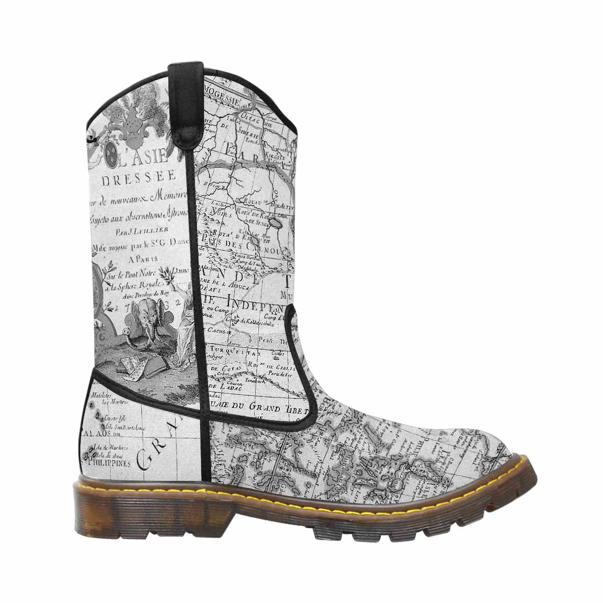 Antique Map design mens western lumber boots, Design 8