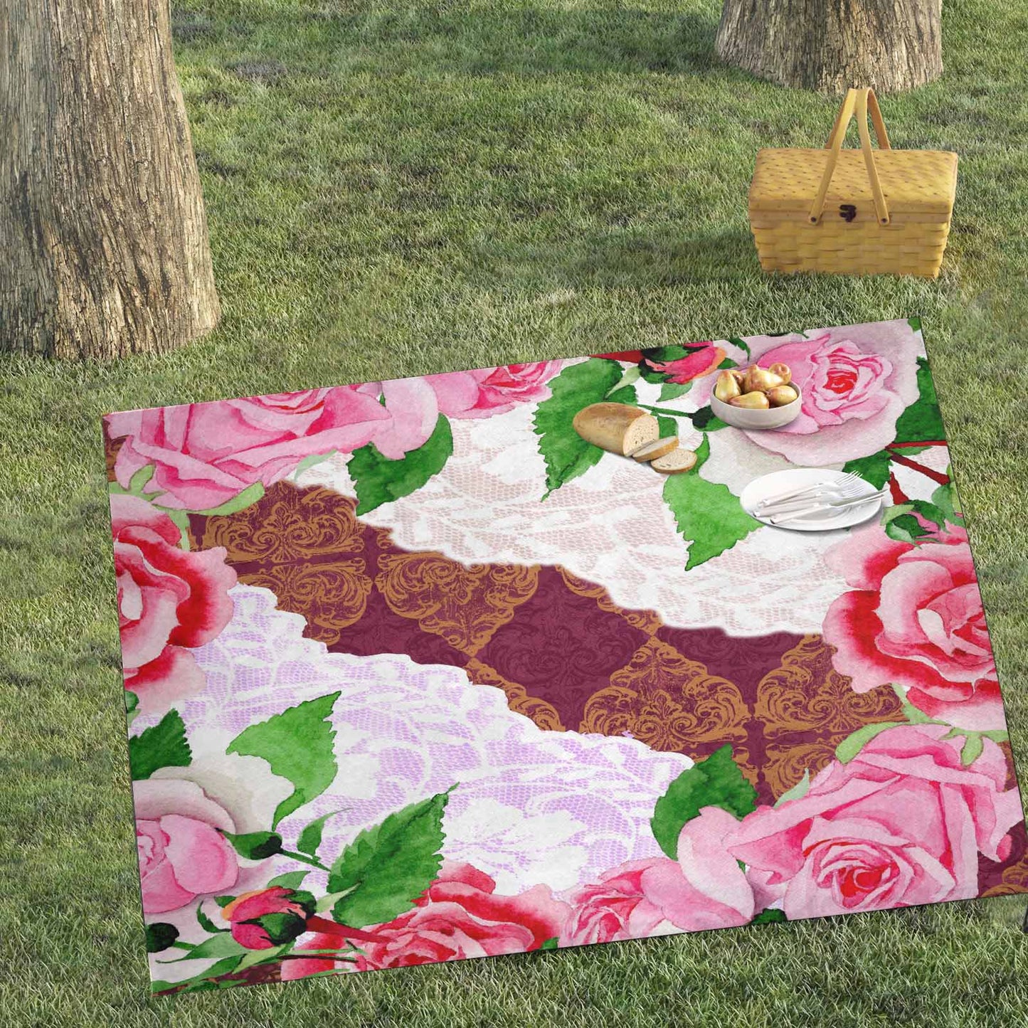 Victorian lace print waterproof picnic mat, 69 x 55in, design 19