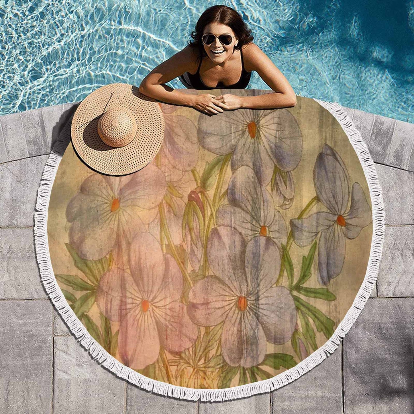 Vintage Floral circular plush beach towel, fringe edges, Design 13xx