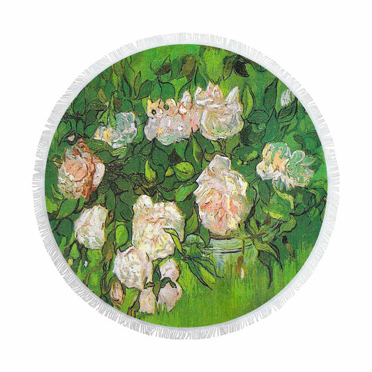 Vintage Floral circular plush beach towel, fringe edges, Design 06