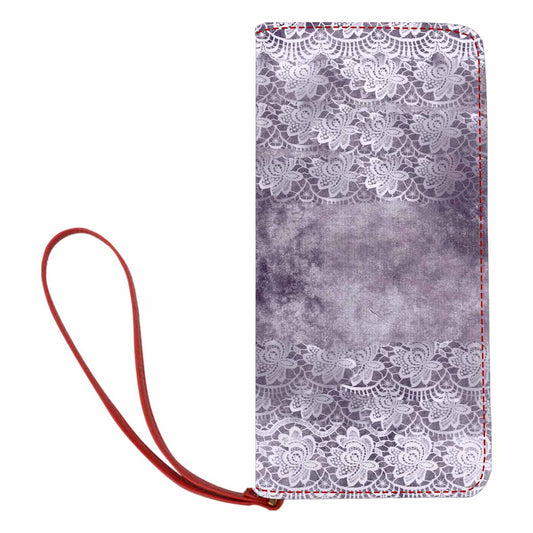 Victorian lace print womens wallet, clutch purse, red trim, design 39