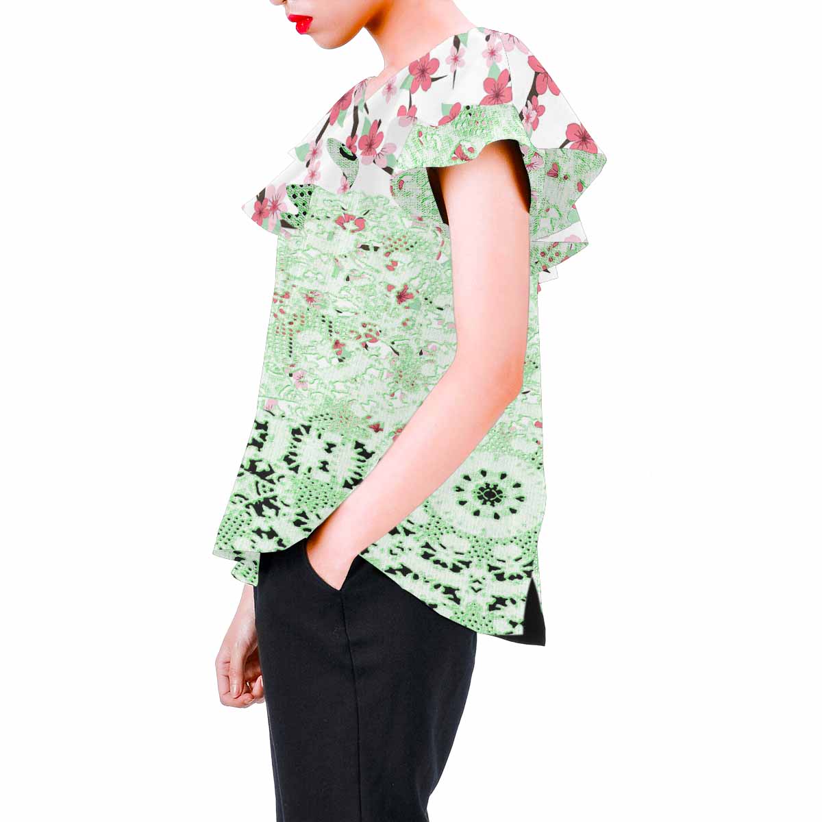 Victorian Lace print Chiffon Blouse, design 10