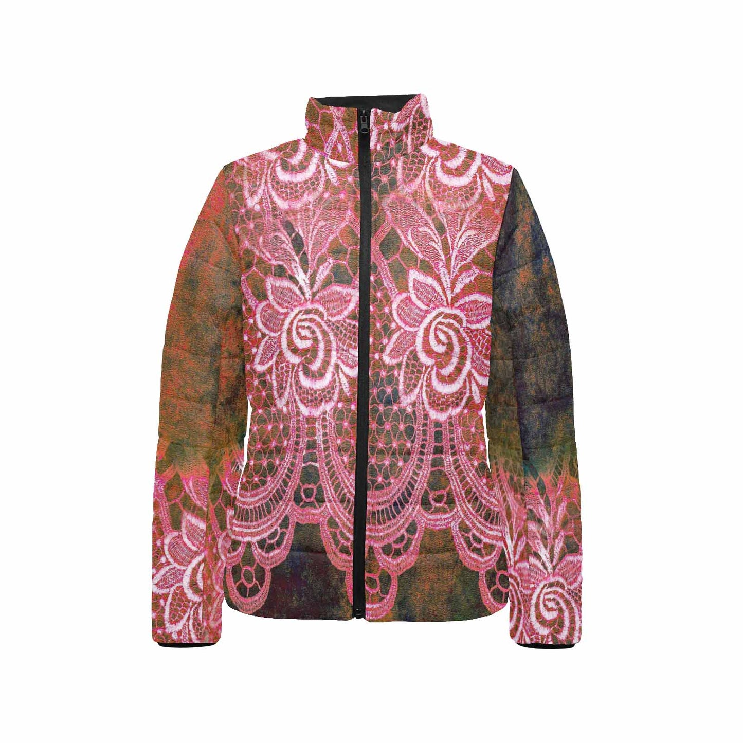 Victorian Lace print womens padded quilted jacket, design 32