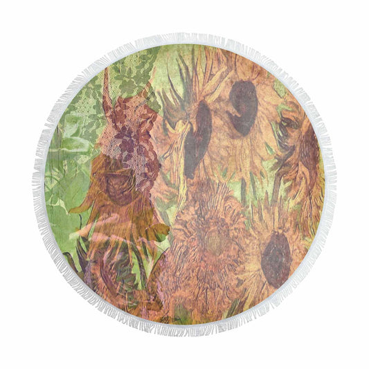 Vintage Floral circular plush beach towel, fringe edges, Design 48xx