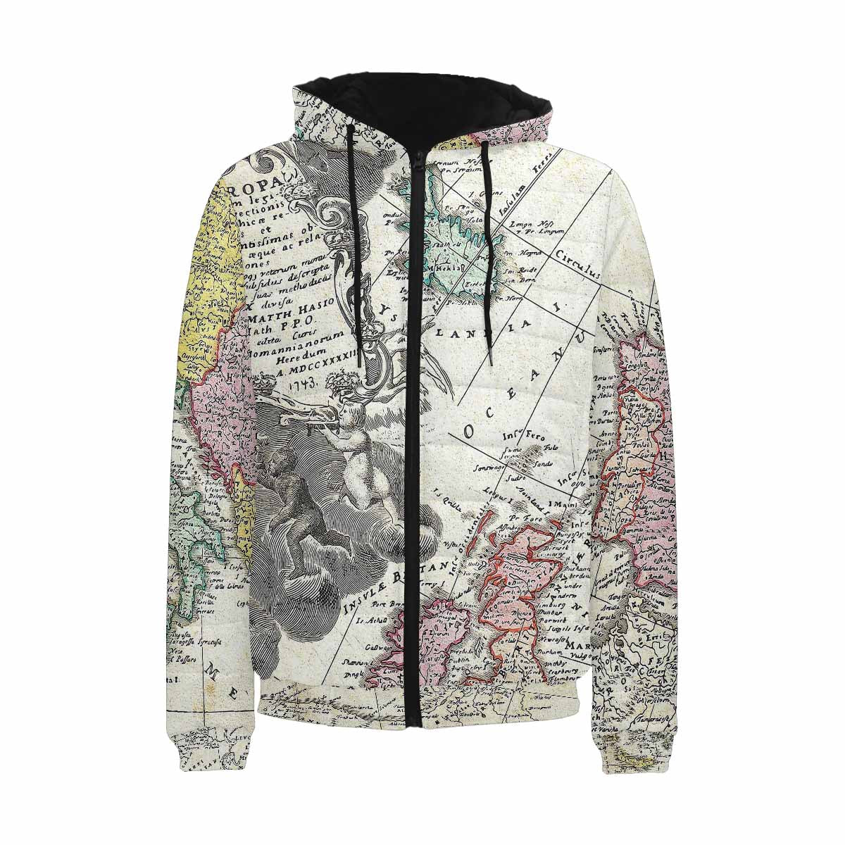 Antique Map design, mens lightweight, warm, quilted hooded bomber jacket, design, 30