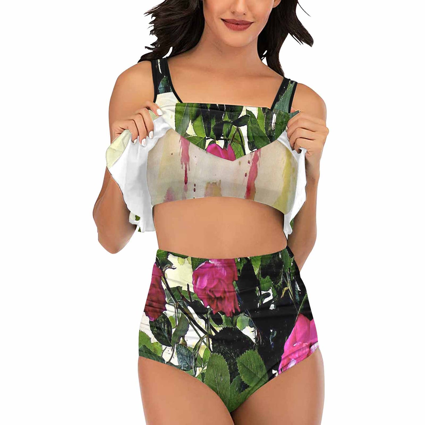 Vintage floral high waisted flounce top bikini, swim wear, Design 22