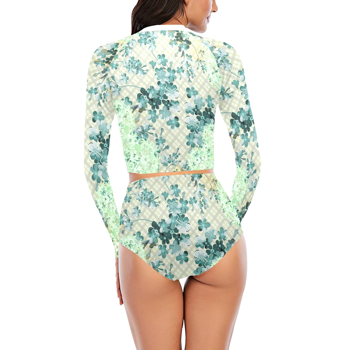 Victorian printed lace, long sleeve 2pc swimsuit, beachwear, design 53 Long Sleeve Bikini Set (Model S27)